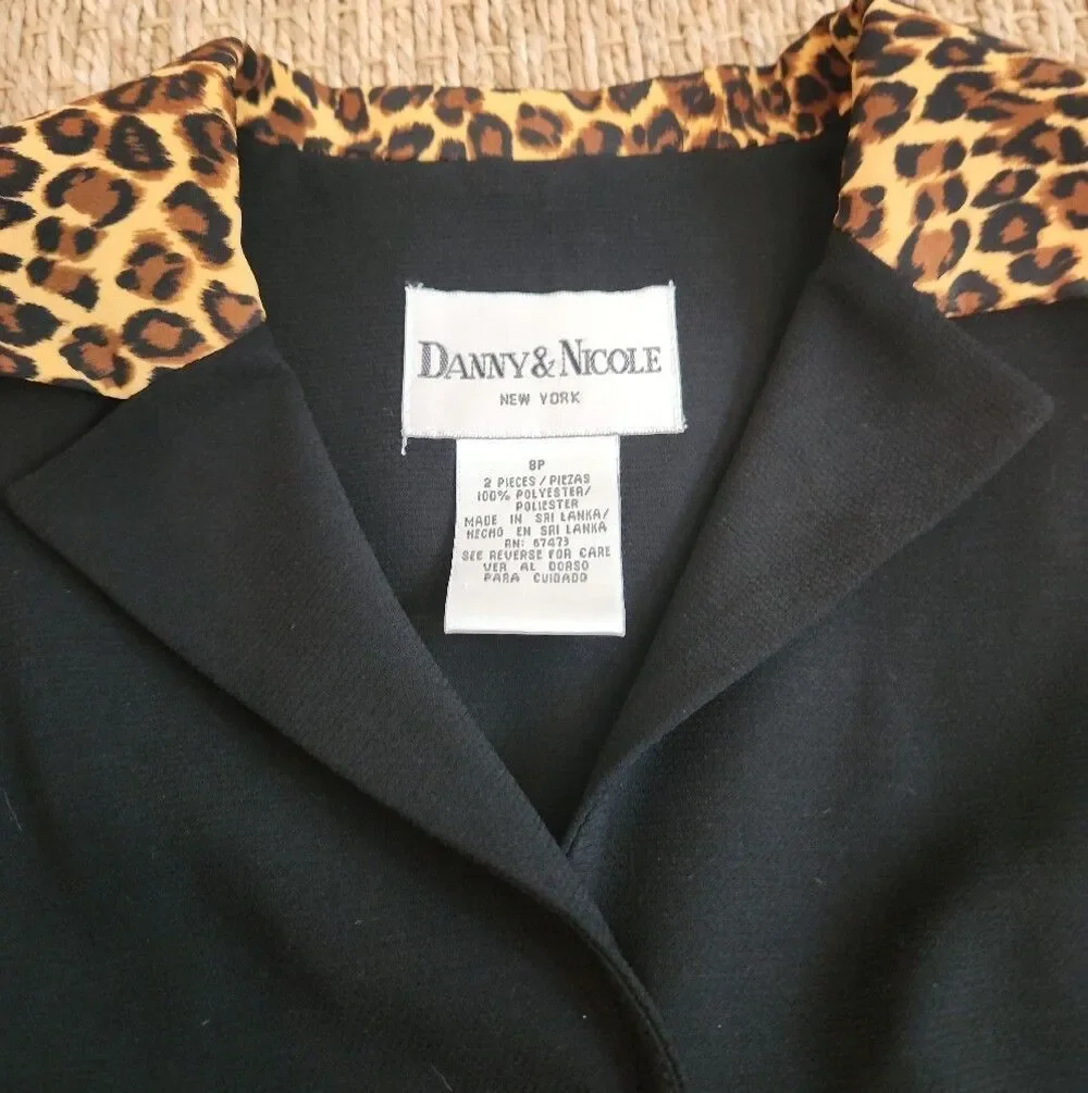 Danny & Nicole Black Sleeveless Jacket with Leopard-Print Trim Size 8P